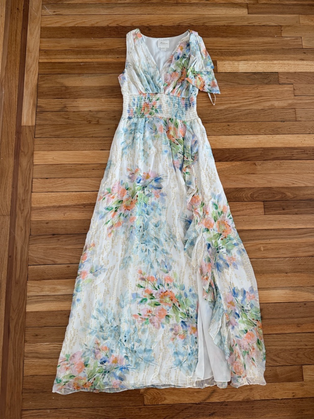 Shoshanna White Maxi Dress with Pastel Blue & Coral Floral Print